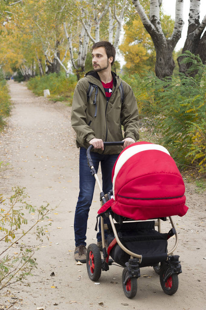 El padre camina con su hijo en carruaje de bebé en el parque
 - Foto, imagen