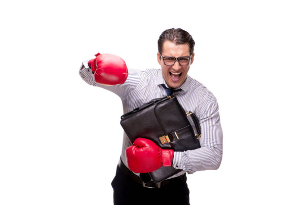 Homme d'affaires agressif avec gants de boxe isolé sur blanc
 - Photo, image