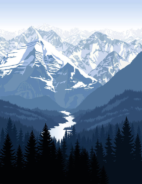 vector morning in beautiful mountains with river - Vector, Image