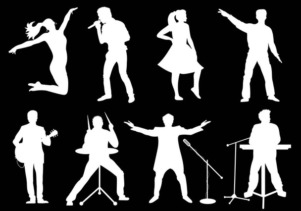 Zenészek, énekesek és táncosok, a fekete háttér fehér sziluettek halmaza. Vektoros illusztráció - Vektor, kép
