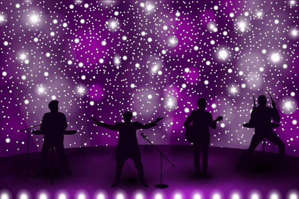 Band Show-Konzept mit violettem Licht und Sternen. Silhouetten von Musikern, Sängern und Tänzern. Vektorillustration - Vektor, Bild