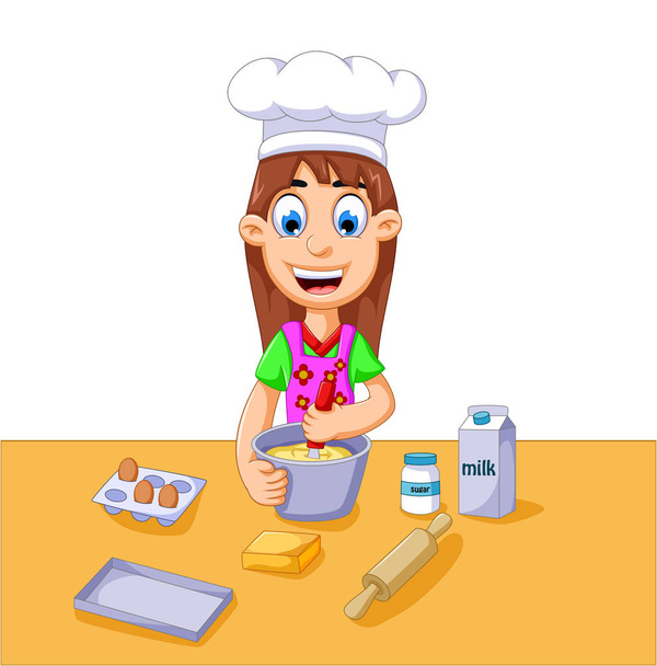 grappige cartoon meisje taart maken - Vector, afbeelding