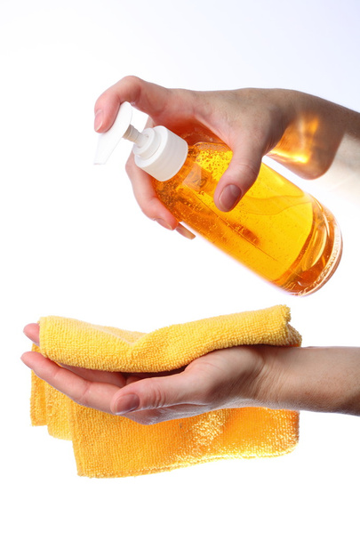 Two hands holding bottle with liquid soap isolated on white background. - Photo, Image