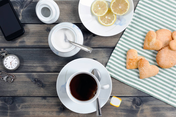 Breakfast with tea and biscuits - Photo, Image