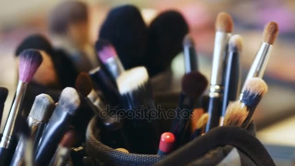 Closeup επαγγελματικά καλλυντικά μακιγιάζ πινέλα σετ σε κίνηση - Πλάνα, βίντεο