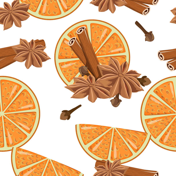 Seamless pattern with spices: cinnamon, cloves, star anise, oran - Vector, afbeelding