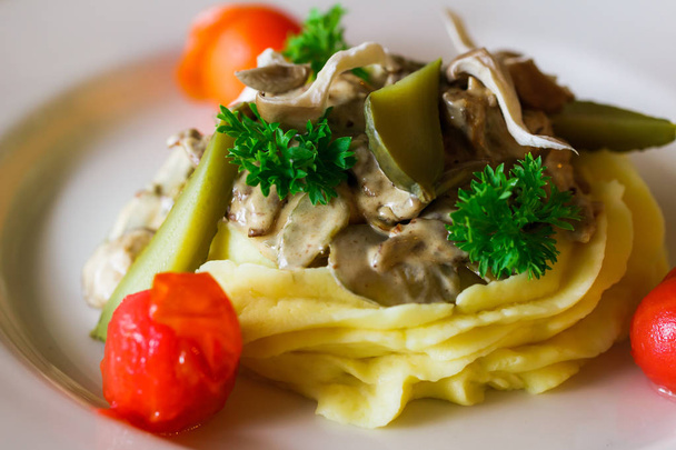 delicious beef stroganoff with cucumber and tomato - Photo, Image