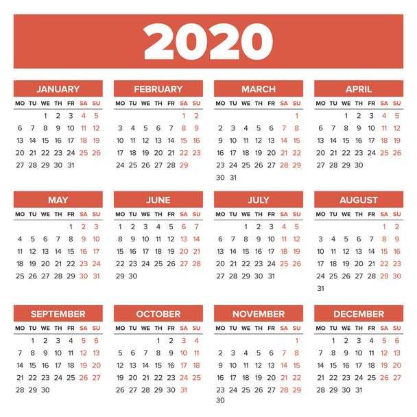 Ημερολόγιο έτους 2020 απλό - Διάνυσμα, εικόνα