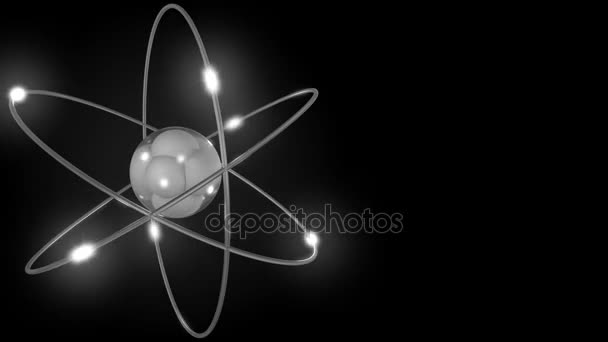 Grey stylized atom and electron orbits. Scientific motion background with free space for inscriptions. Nuclear, physics, atomic, science concepts. 4K seamless loop animation - Footage, Video