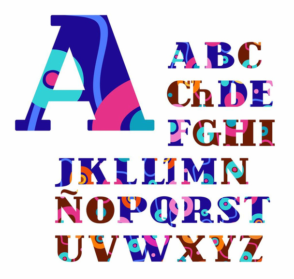 Ισπανική αλφάβητο, αφηρημένη, κύκλους, πολύχρωμα, διάνυσμα γραμματοσειράς.  - Διάνυσμα, εικόνα