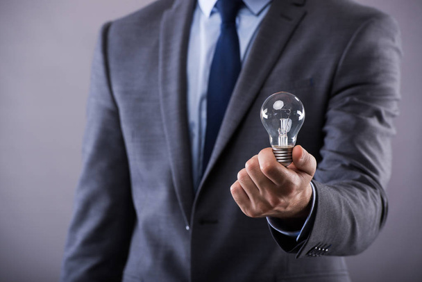 Businessman holding light bulb in creativity concept - 写真・画像