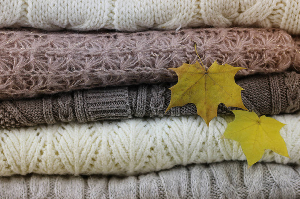 stack of sweaters knitted autumn concept - Photo, Image