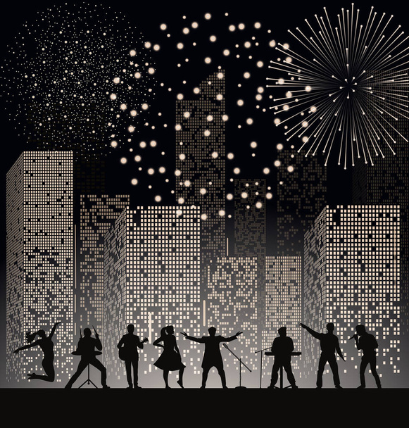 Együttes megjelenítése éjszakai város háttérben tűzzsonglőr. Fesztivál koncepció. Sziluettek a zenészek, énekesek és táncosok csoportja. Vektoros illusztráció - Vektor, kép