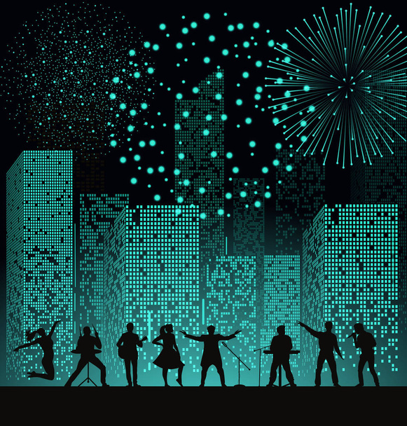 Band Toon op nacht stad achtergrond met vuurshow op turquoise stijl. Festival concept. Set van silhouetten van musici, zangers en dansers. Vectorillustratie - Vector, afbeelding