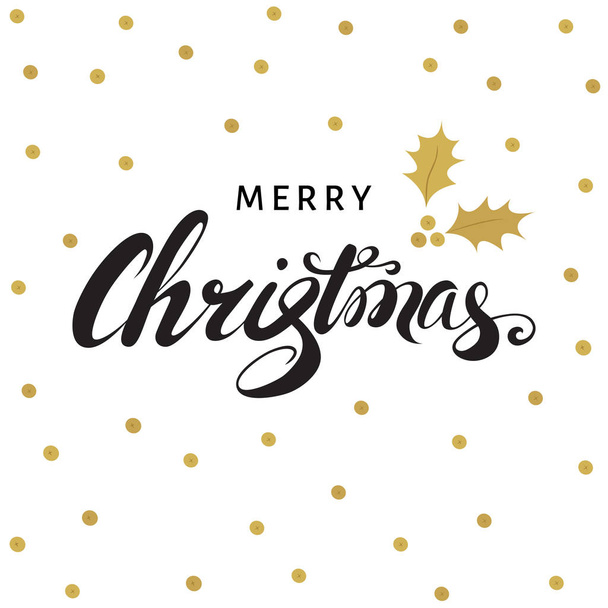 Merry Christmas hand lettering with golden twig of holly. - Vektor, Bild
