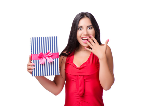 Жінка з подарунковою коробкою ізольована на білому тлі
 - Фото, зображення