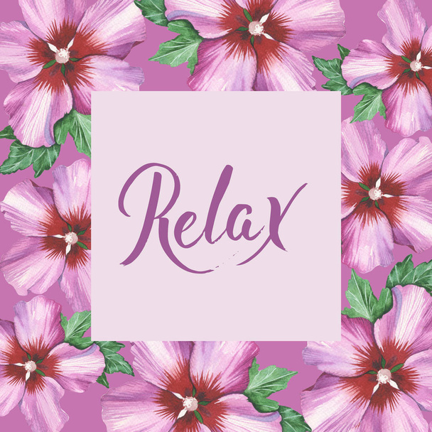 Relax hand writing on hibiscus rose flower background in watercolor drawing. - Photo, Image