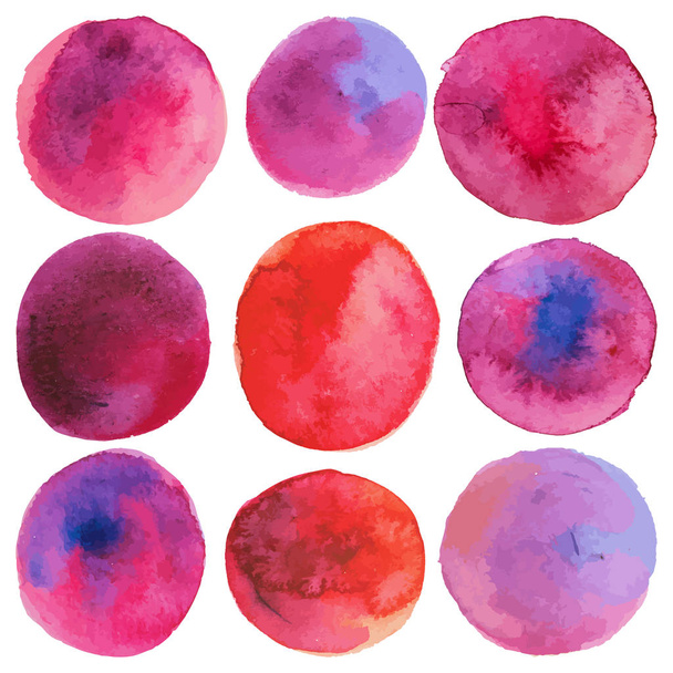 Set with vector isolated watercolor paint circles. Red, pink, purple colors. - Vector, Image