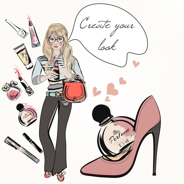 Fashion trendy girl with cute lipstick, perfume, shoe, mascara - Wektor, obraz