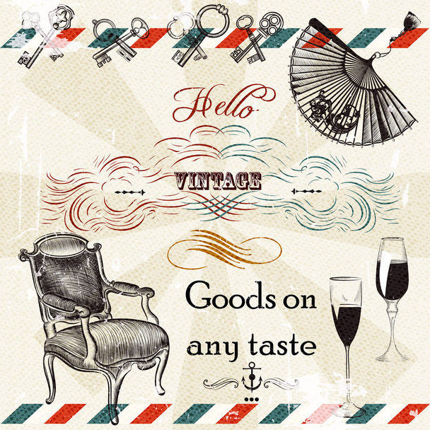 Poster with flourishes, keys and chair. Goods on any taste - Vector, Image