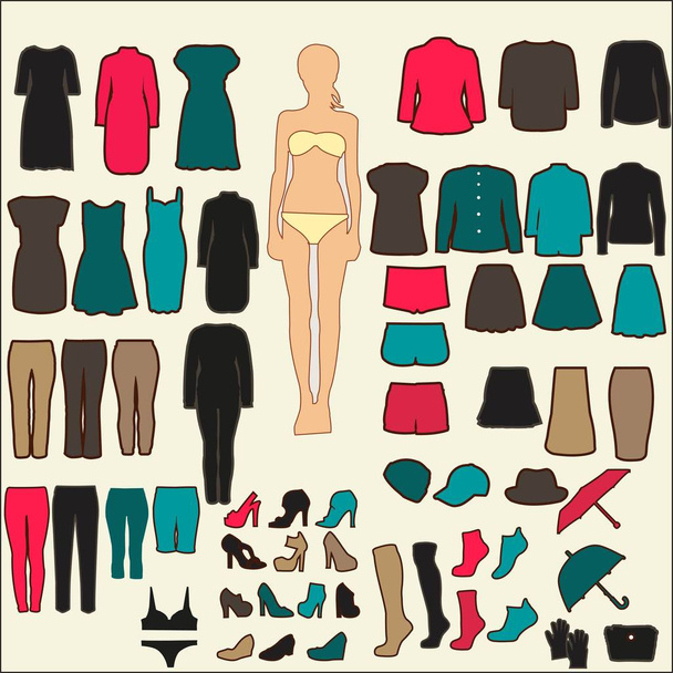 Векторный набор стильной женской одежды
  - Вектор,изображение