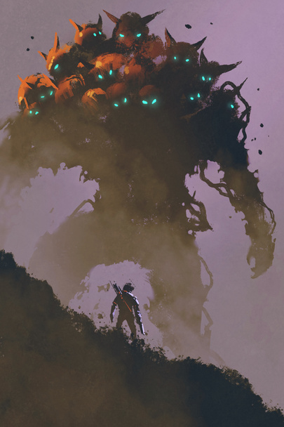 o guerreiro enfrentando monstro gigante multi-cabeça
 - Foto, Imagem