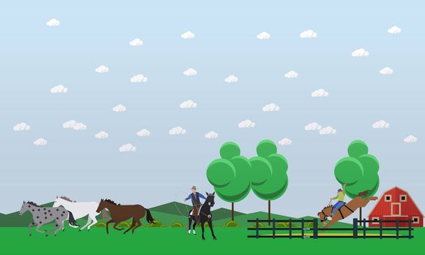 Banner of taming horses theme, flat design - Vector, Image