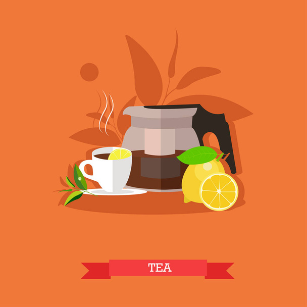 Vektorillustration von Teekanne, Teetasse, Zitrone - Vektor, Bild