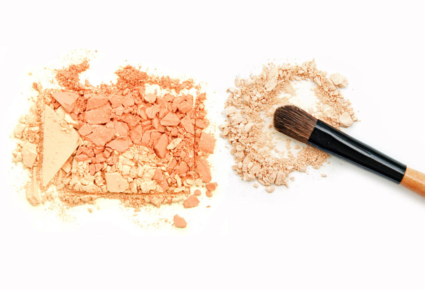 Make up brushes with brown and beige eye shadows on white background - Photo, Image