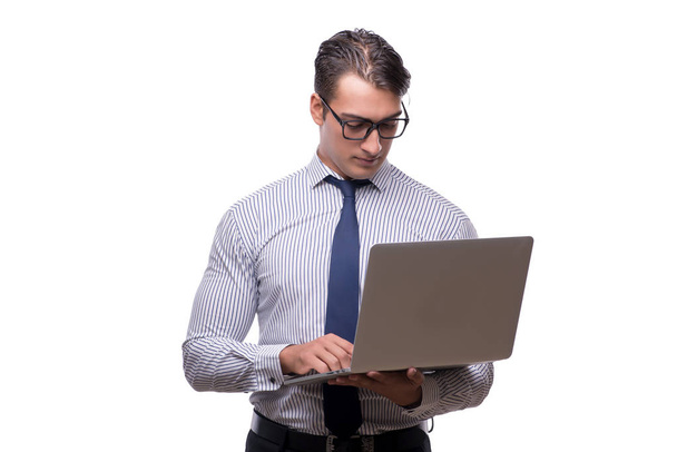 Knappe zakenman werken met laptopcomputer geïsoleerd op wh - Foto, afbeelding