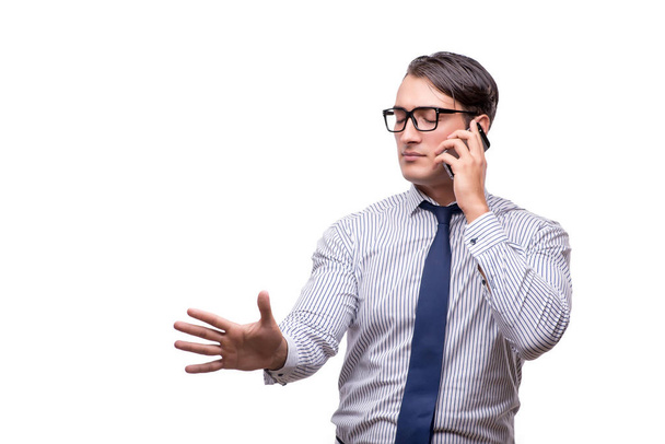 Hombre de negocios guapo trabajando con teléfono móvil aislado en blanco
 - Foto, Imagen