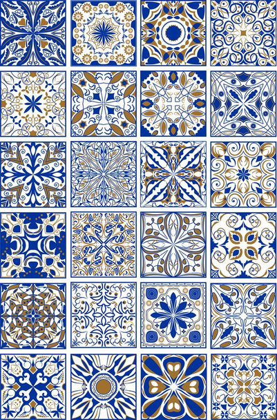 Mega conjunto de cerâmica tradicional espanhola ou portuguesa e azulejos ornamentais de cerâmica em design índigo e dourado
. - Vetor, Imagem