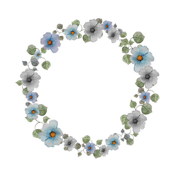 Watercolor wreath of beautiful blue flowers and leaves - Foto, Imagen