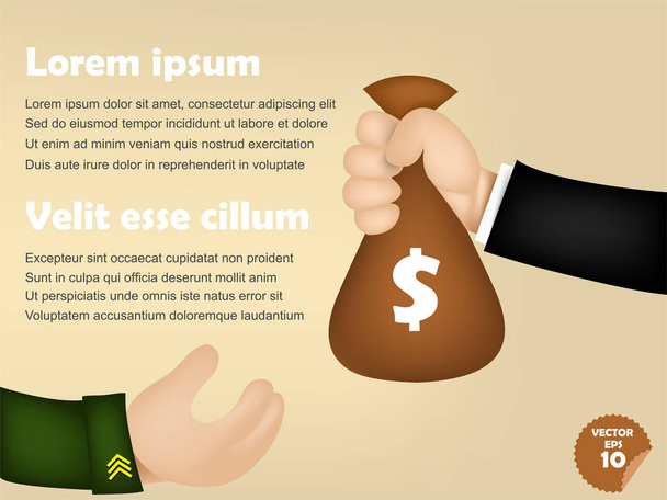 infographic of business man giving money bag to military man, corruption concept - Vector, Image