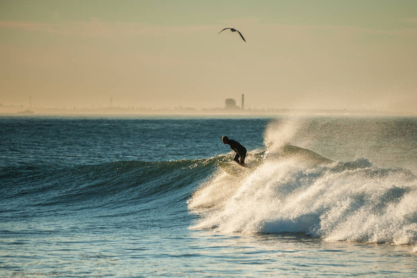 Surfer Ventura kochający off shore wietrznych warunkach. - Zdjęcie, obraz