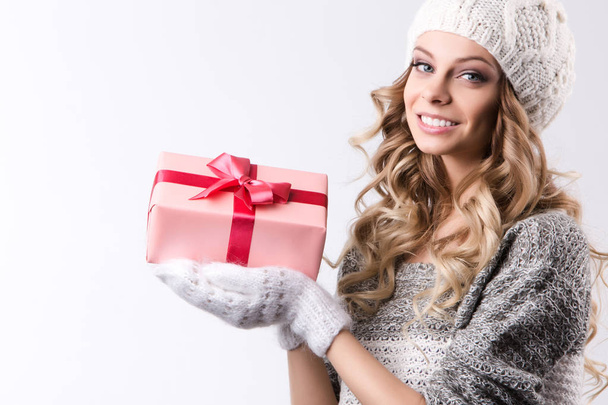Happy woman with gift box in hands.  - Foto, Imagem
