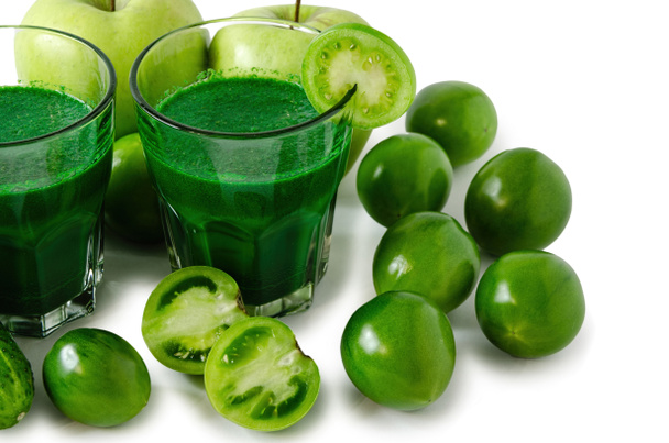 taze sebze ve meyveler izole ile yeşil smoothies - Fotoğraf, Görsel