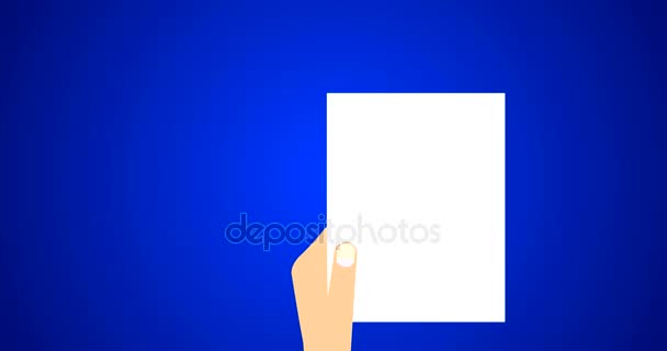 Platte Vector animatie beelden van zakenman Holding Contract overeenkomst een ondertekende Verdrag papier, juridisch Document symbool met stempel en documentatie in blauw - Video