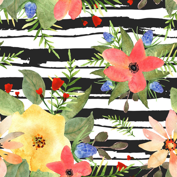 Illustration of floral seamless.Colorful flowers with black stri - Photo, Image