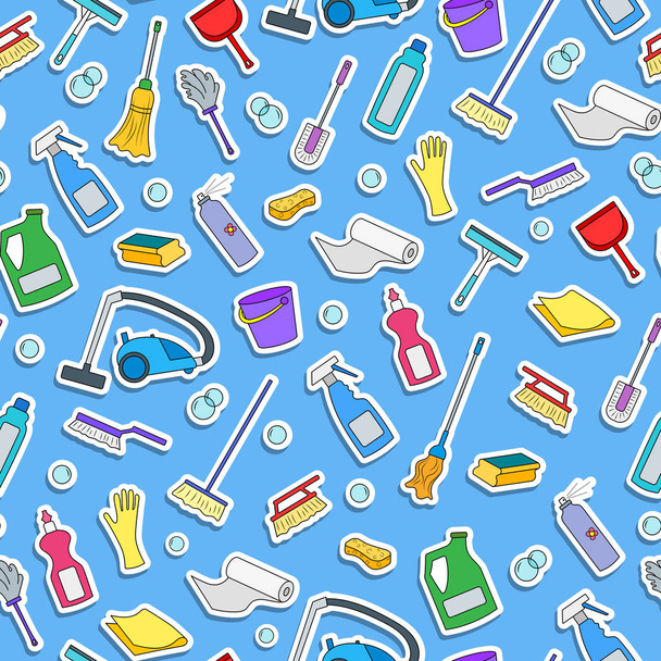 Modello senza soluzione di continuità sul tema della pulizia e attrezzature per la casa e prodotti per la pulizia, icone a colori su sfondo blu
 - Vettoriali, immagini