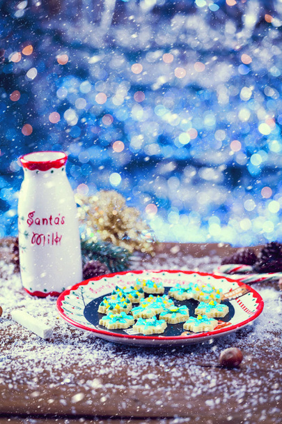 Snow Falling On Organic Christmas Snowflake Cookies. Vintage Filter Applied. - Photo, Image