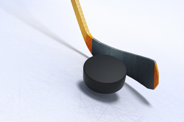 Hokey sopası ve Puck yüzen buz üzerinde 3D çizimi - Fotoğraf, Görsel