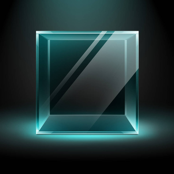 Διάνυσμα κουτί άδειο διάφανο γυαλί κύβος στο σκοτάδι μαύρο φόντο με μπλε τιρκουάζ φωτισμός - Διάνυσμα, εικόνα
