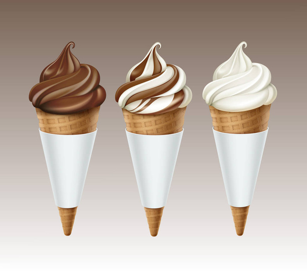 Conjunto vetorial de Brown White Classic Chocolate Soft Serve Ice Cream Waffle Cone em White Carton Foil Wrapper Close-up Isolado em Fundo Branco
 - Vetor, Imagem