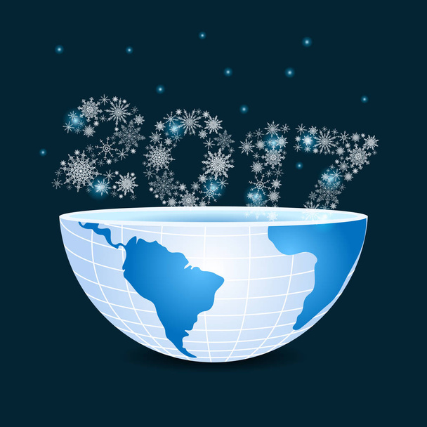 το ήμισυ του πλανήτη γη με 2017, που απαρτίζεται από νιφάδες χιονιού χριστουγεννιάτικο - Διάνυσμα, εικόνα