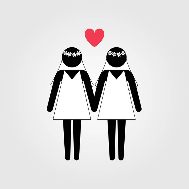 lesbisches Paar im Brautkleid mit rotem Herz-Vektorsymbol - Vektor, Bild