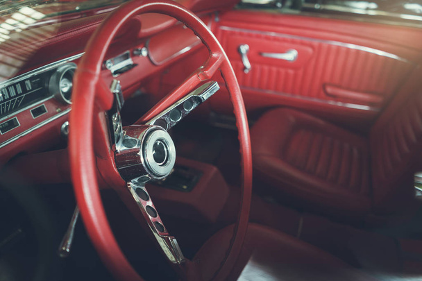 Close up on steering wheel, Classic car interior - Photo, Image