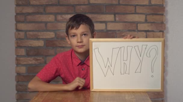 dziecko, siedząc przy biurku, trzymając flipchart z nadpisem Dlaczego na tle ściany z czerwonej cegły. - Materiał filmowy, wideo