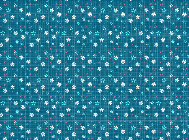 seamless pattern with flowers and leaves on a light blue background in a grid in the Japanese style - Vetor, Imagem