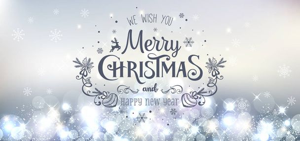 Natal e Ano Novo tipográfico em feriados fundo com flocos de neve, luz, estrelas. Ilustração vetorial. Cartão de Natal
 - Vetor, Imagem